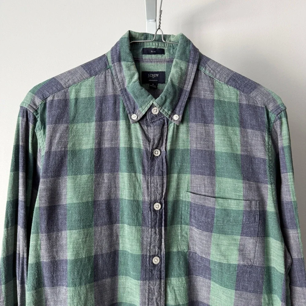 J.Crew M Green Plaid‎ Slim Homespun Cotton Button Shirt Preppy Classic Outdoors